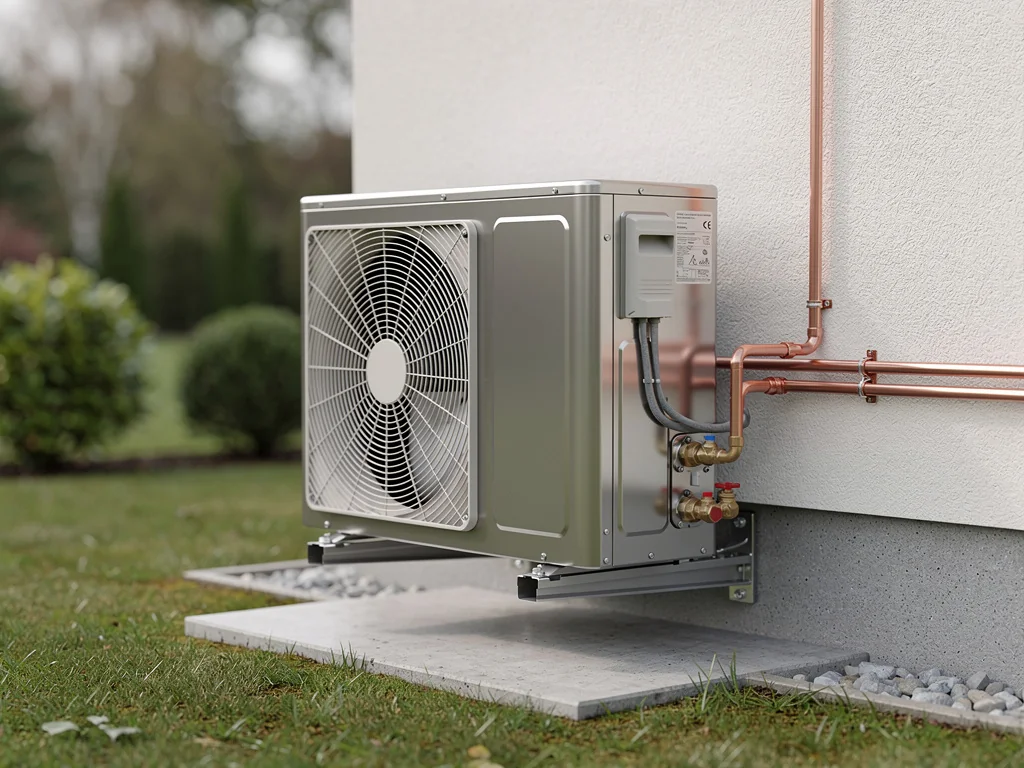 Groupe extérieur d'une pompe à chaleur air-eau installé le long d'une façade crépie